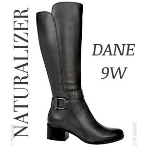 Naturalizer Knee Boots DANE 9W Wide Black Leather Low Heel Riding Zip Exc!